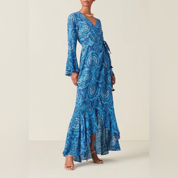 Figue Juliette Wrap Dress In Maluku Batik Blue Size S Maxi Silk